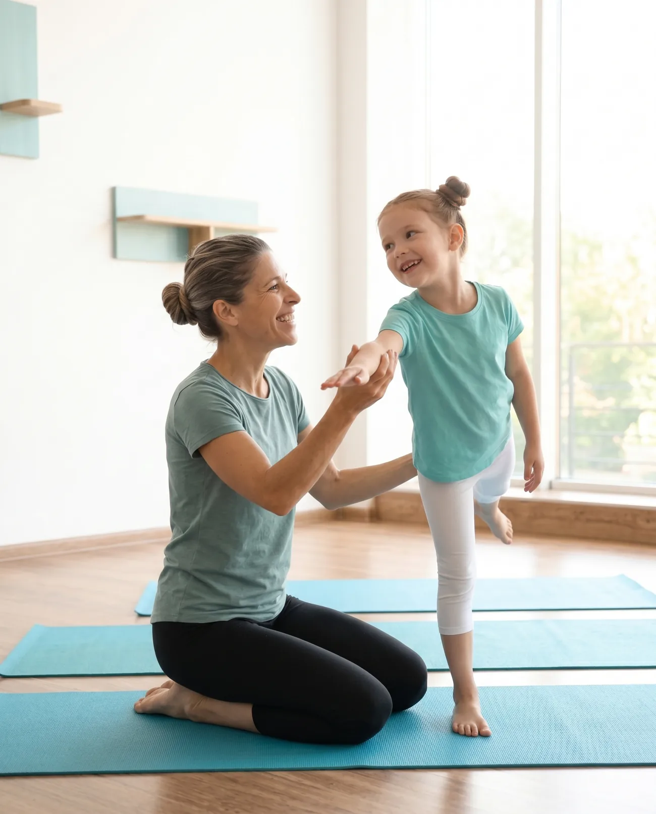 Natascha begleitet ein Kind in einer Yogahaltung