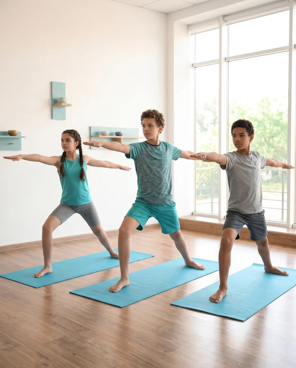 Jugendliche in der Kriegerhaltung beim TeenYoga