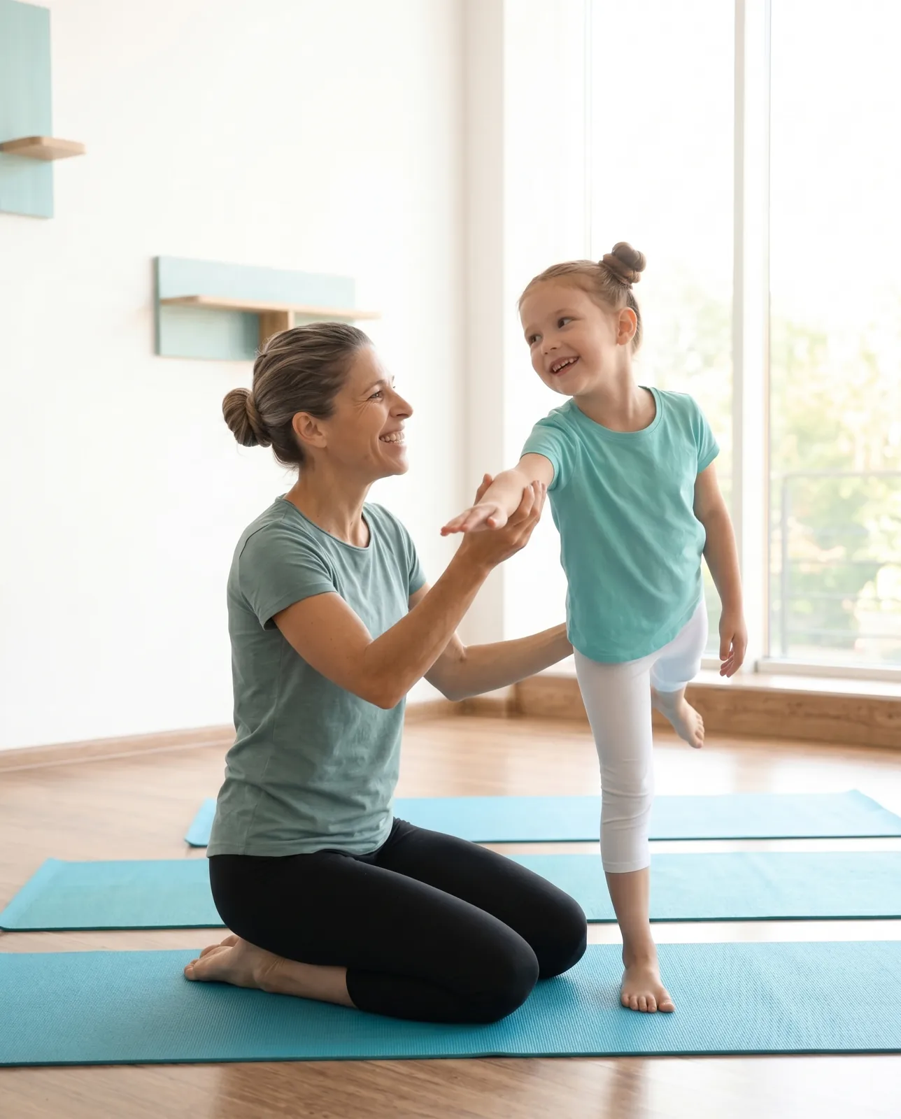 Natascha Mettler begleitet ein Kind beim Yoga